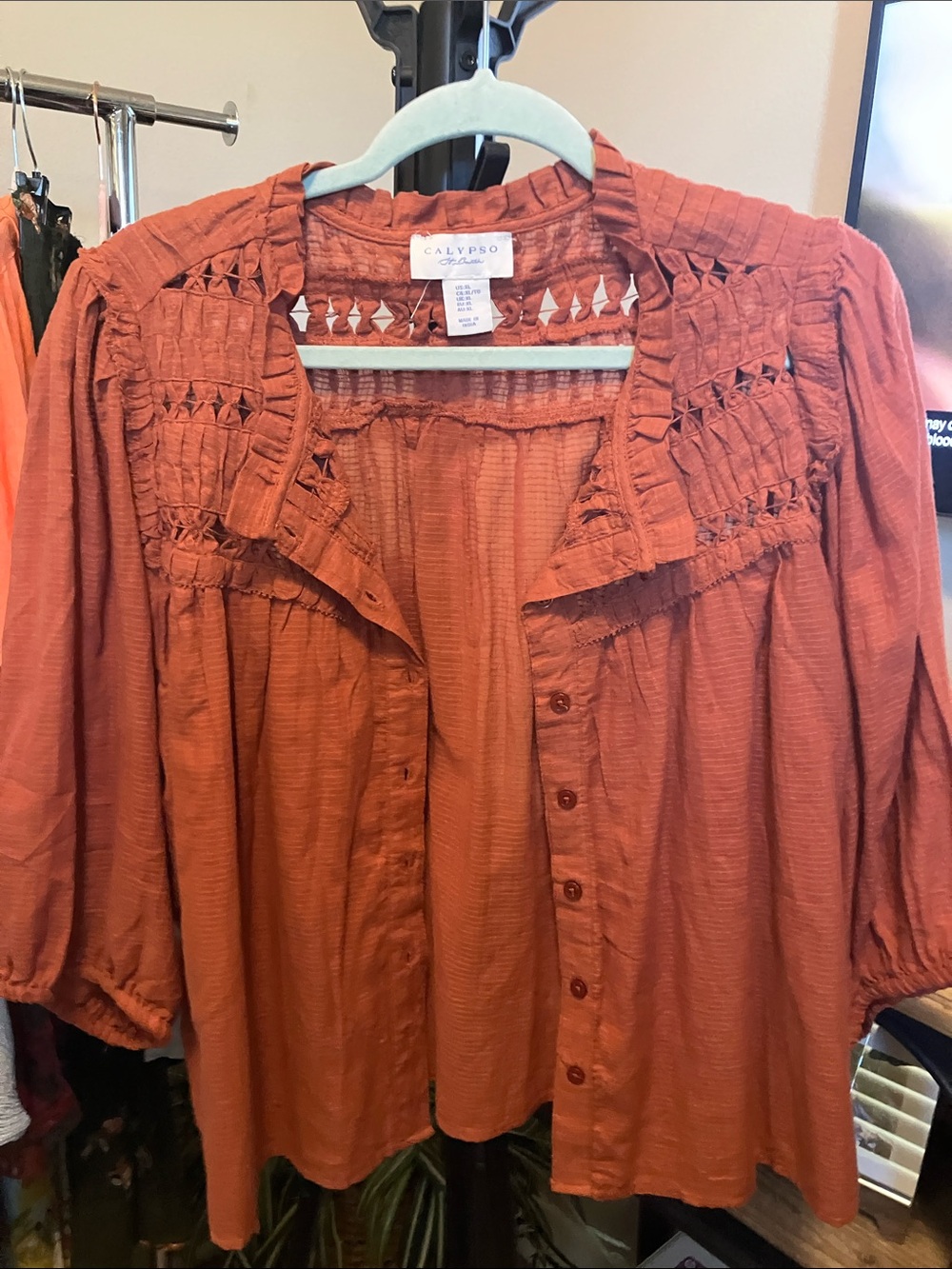 Calypso St. Barth Rust Button-Front Peasant Blouse
